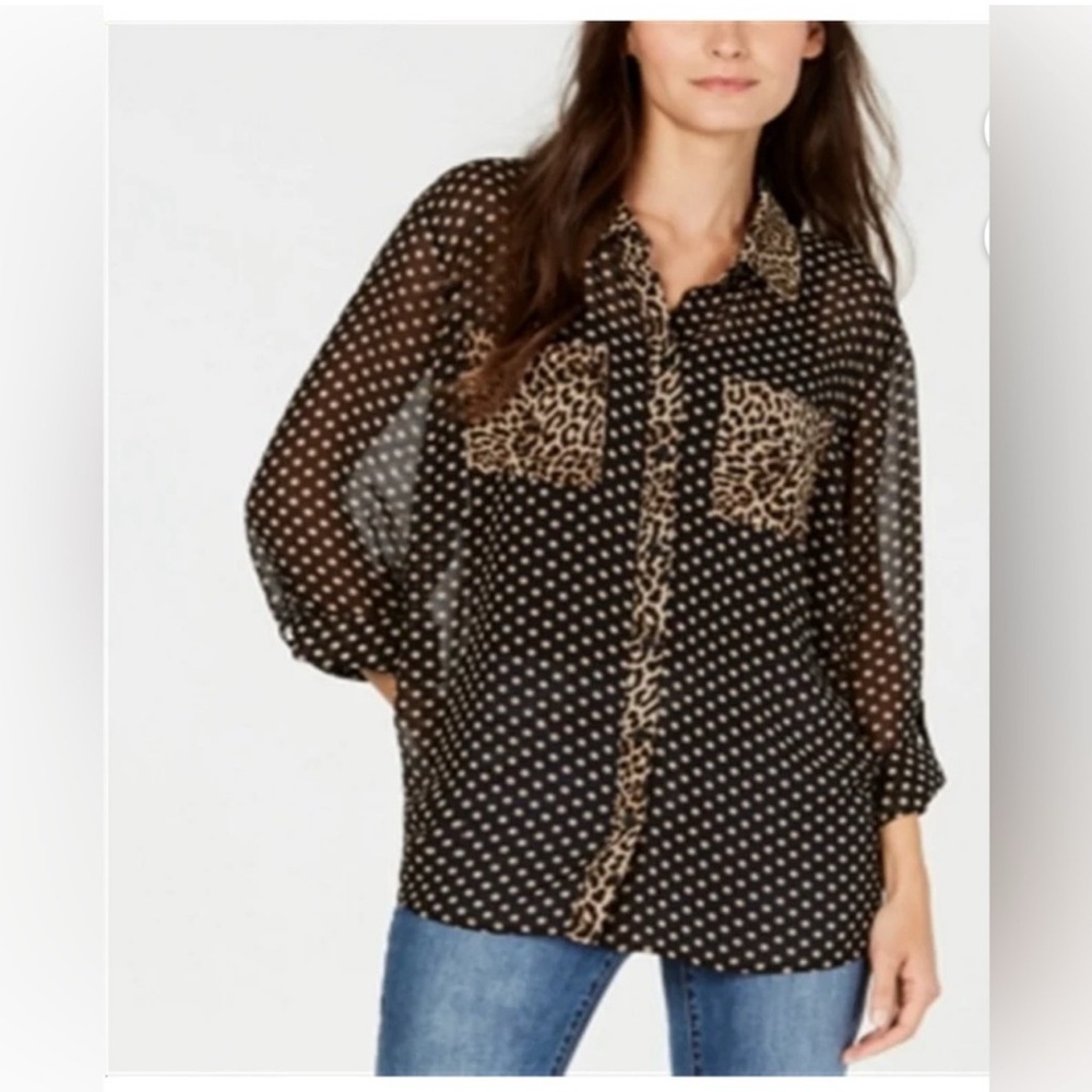 NWT INC International Concepts Black and Tan Sheer Polka Dot Blouse Size Medium‎